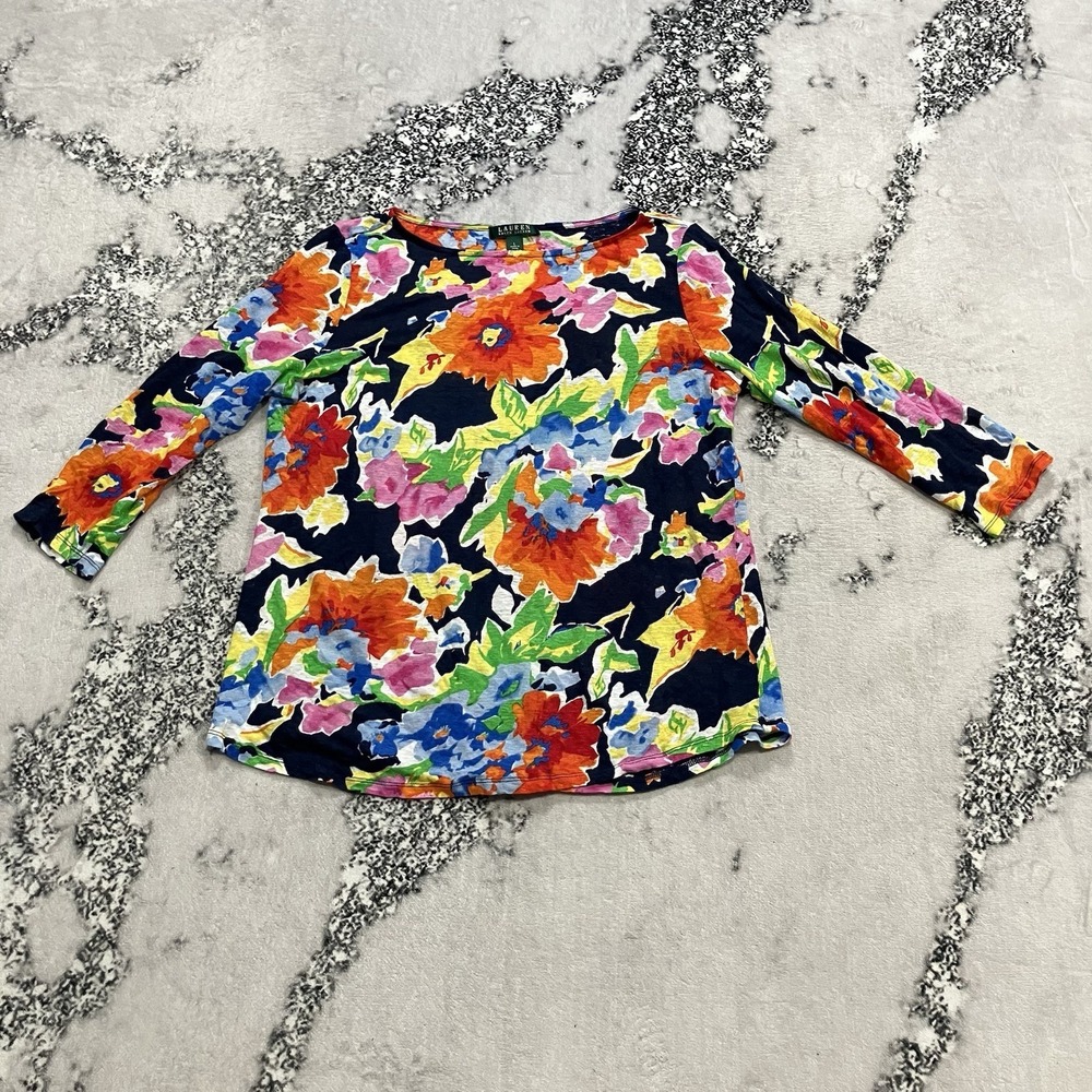 Lauren Ralph Lauren Linen Floral Top Navy Multicolor 3/4 Sleeve‎ Women L